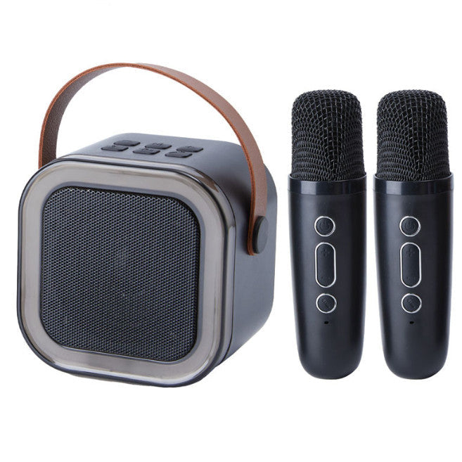 Portable speaker with brown handle and two black microphones on a white background