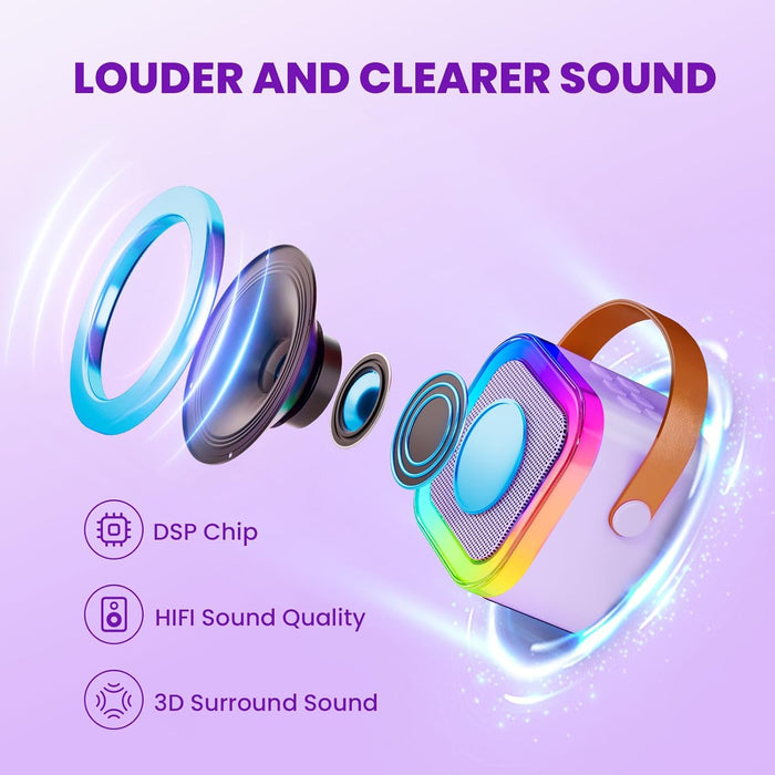 Colorful speaker with text highlighting sound quality features on a purple background