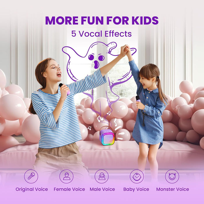 Two children with a microphone and toy, surrounded by balloons, with text about vocal effects.