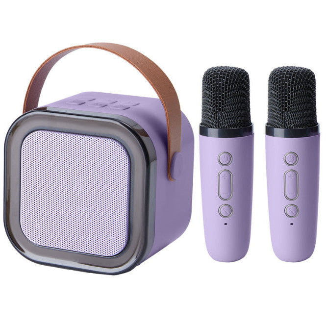 Purple portable speaker with two microphones on a white background