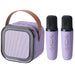 Purple portable speaker with two microphones on a white background