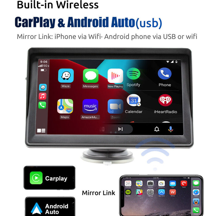 Car navigation system with CarPlay and Android Auto connectivity on a white background
