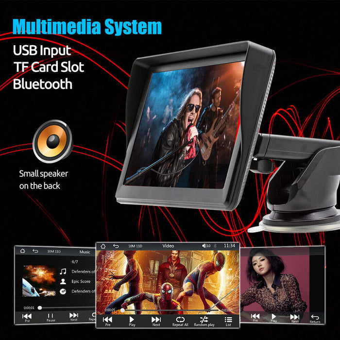 Car multimedia system with screen displaying music and video, featuring USB input, TF card slot, and Bluetooth on a black background.