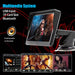 Car multimedia system with screen displaying music and video, featuring USB input, TF card slot, and Bluetooth on a black background.