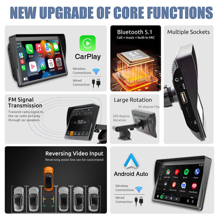 Promotional image of a car multimedia system with various features highlighted.
