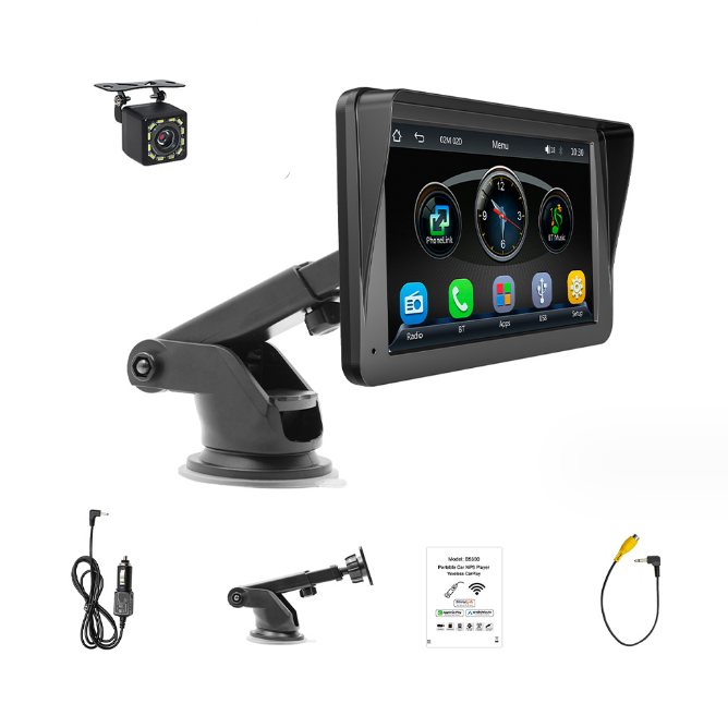 Car monitor with arm, camera, and accessories on a white background