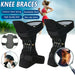 Knee braces with features highlighted, including carbon steel spring, breathable mesh, high quality bolt, and non-slip fabric. Background shows a person running outdoors.