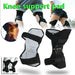 Knee support pad with a close-up of a knee and people wearing the pad.