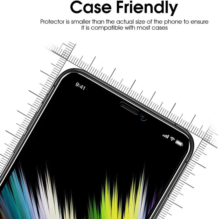 Smartphone with colorful display on a white background, featuring text about case compatibility.