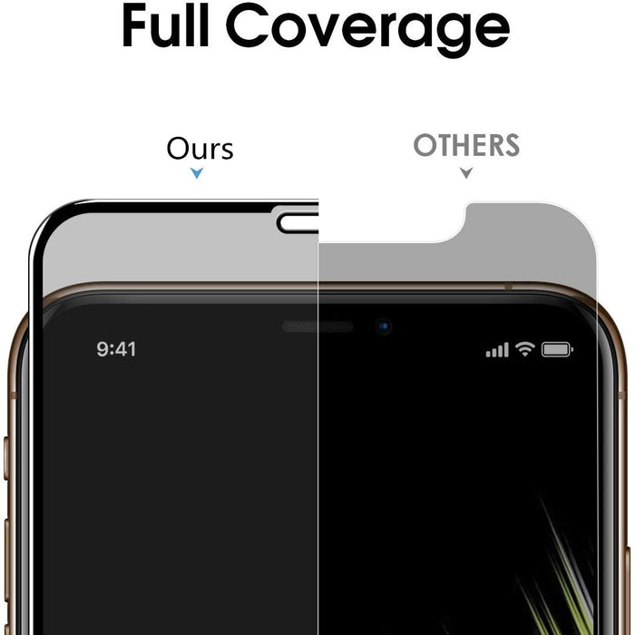 Smartphone with screen protector labeled 'Full Coverage' comparing 'Ours' to 'Others'.