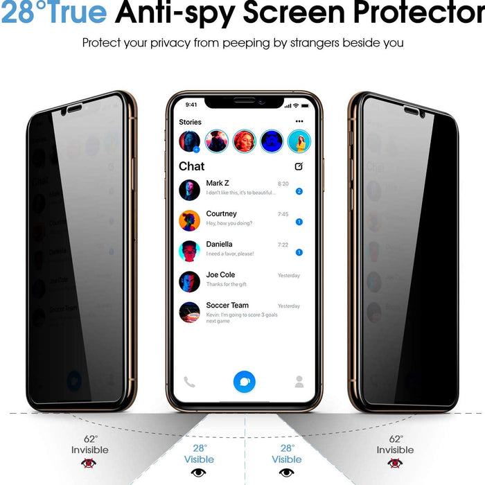 Anti-spy screen protector with smartphone display showing app icons and text.