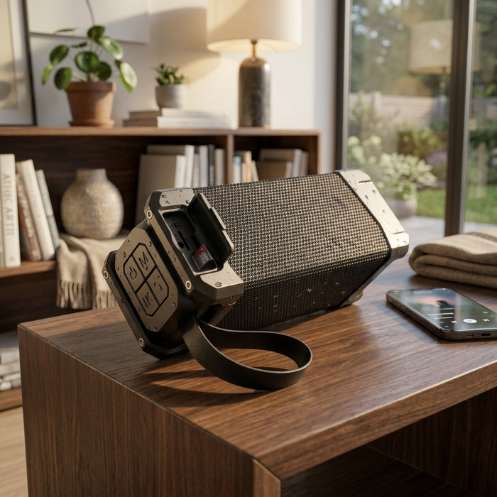 Black portable speaker with textured surface and control buttons 