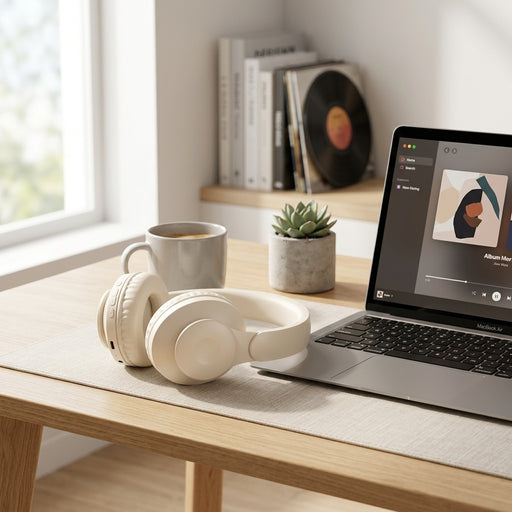 Off-white wireless headphones sit on a light wood desk next to a MacBook Air
