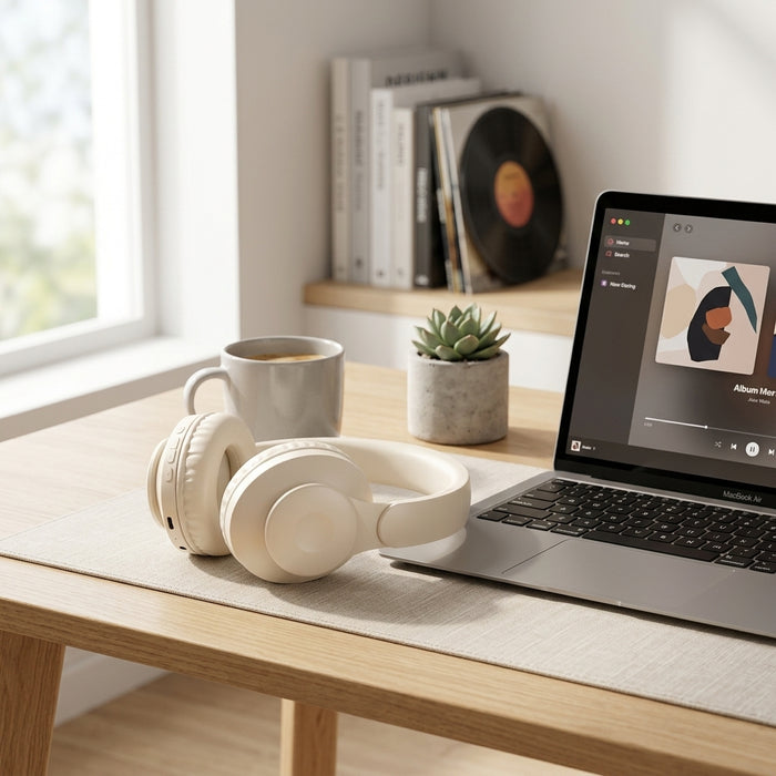 Off-white wireless headphones sit on a light wood desk next to a MacBook Air