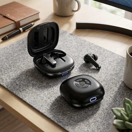 Probeats 2-in-1 earbuds set on a felt mat in a clean workspace, showing open case with earbud, a remote, and loose earbud.
