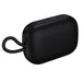 Black portable speaker with a textured surface on a white background