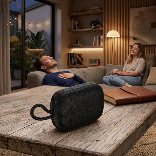 A black Probeats Bluetooth speaker sitting on a rustic wooden patio table at a sunlit outdoor cafe, with people, coffee cups, and potted plants blurred in the background.