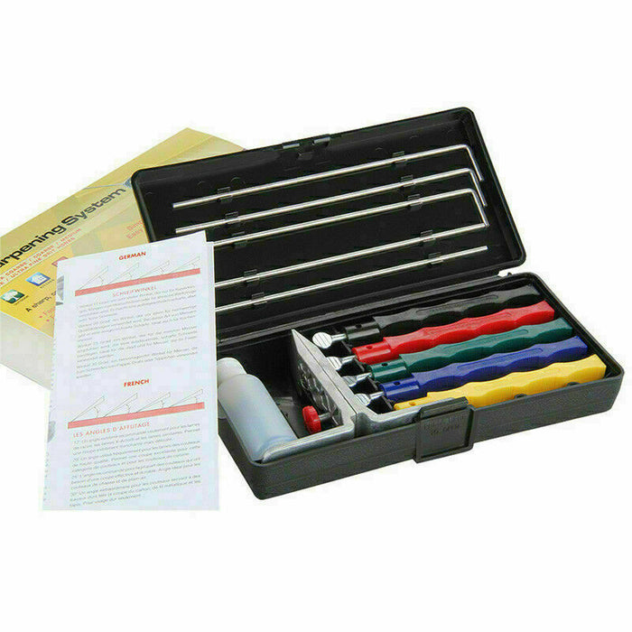 Set of knife sharpening in a black case with a manual on a white background