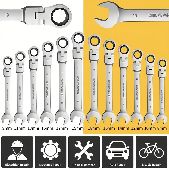 12Pc Metric Flexi Head Ratchet Spanner Wrench Set 8mm - 19mm Combination