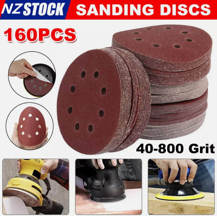 160PCS Sanding Discs 40-800 Grit Pads 125mm Hook&Loop 8 Hole Orbital Sandpaper