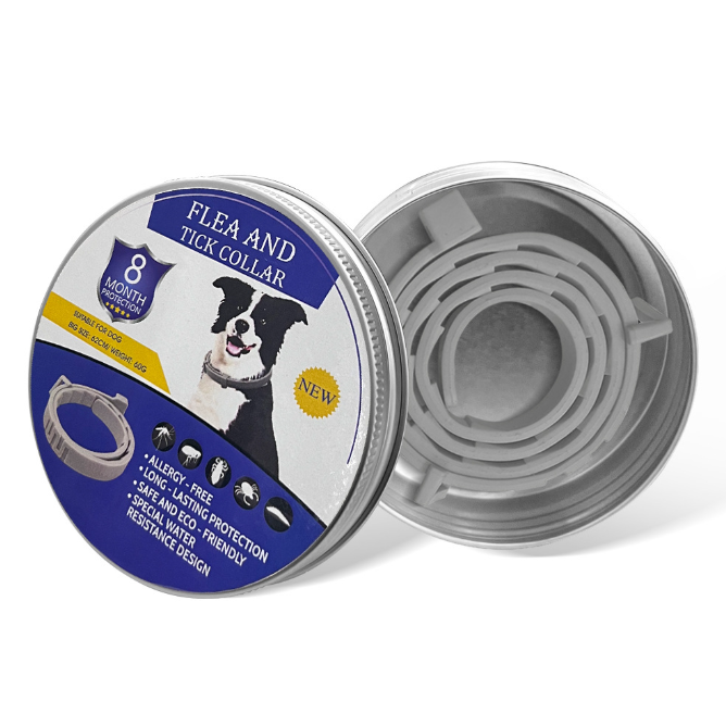 Flea and tick collar packaging with a dog illustration on a white background
