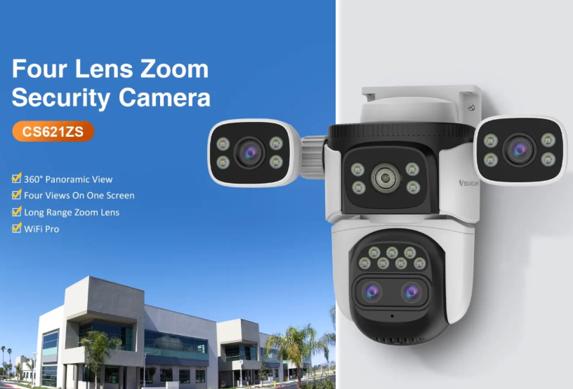 4-Lens WiFi Security Camera with PTZ Zoom, Human Detection & Night Vision