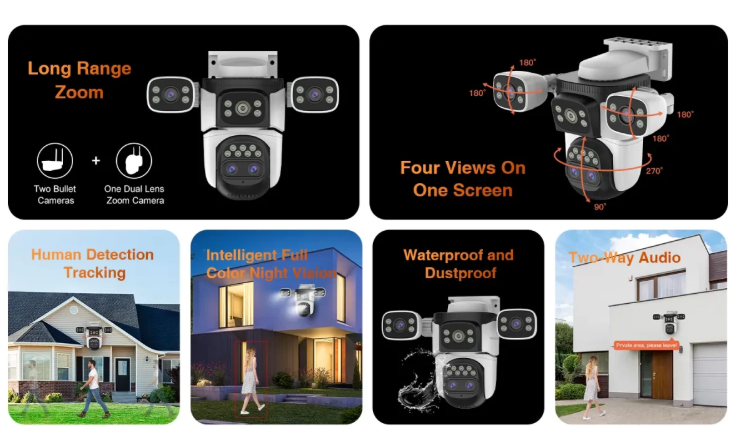 4-Lens WiFi Security Camera with PTZ Zoom, Human Detection & Night Vision