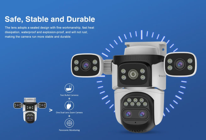 4-Lens WiFi Security Camera with PTZ Zoom, Human Detection & Night Vision
