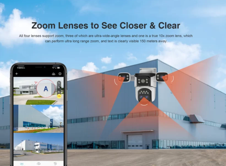 4-Lens WiFi Security Camera with PTZ Zoom, Human Detection & Night Vision