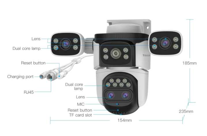 4-Lens WiFi Security Camera with PTZ Zoom, Human Detection & Night Vision