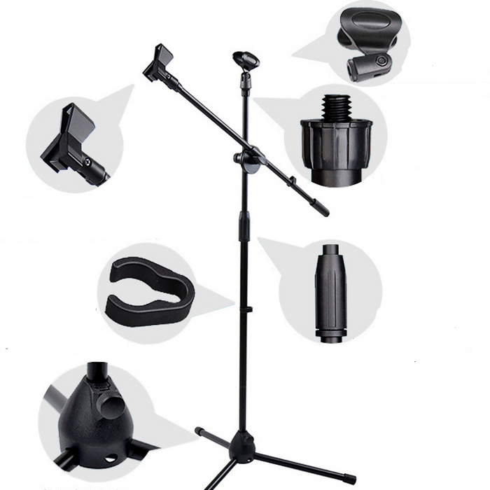 Telescopic Boom Microphone Stand Adjustable Mic Holder Tripod Two Clip 1 to 2 M