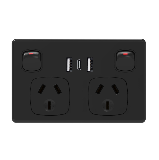 USB Type C Wall Socket Power Point - Black