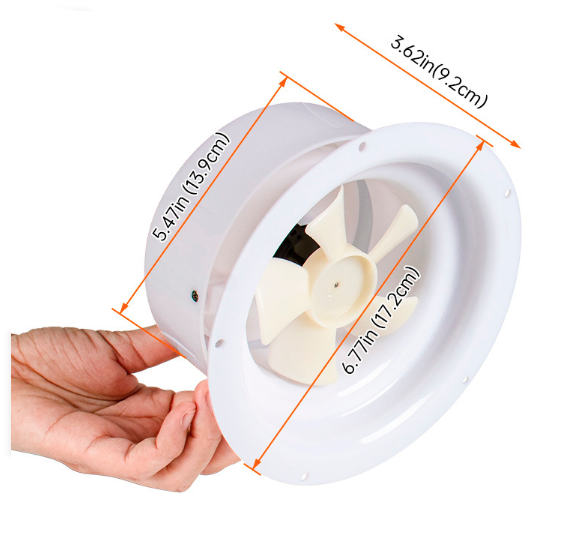 Hand holding a white fan grille with measurements indicated