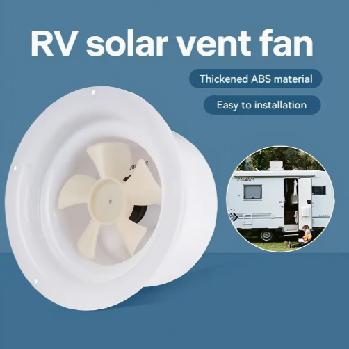 RV solar vent fan with text on a blue background