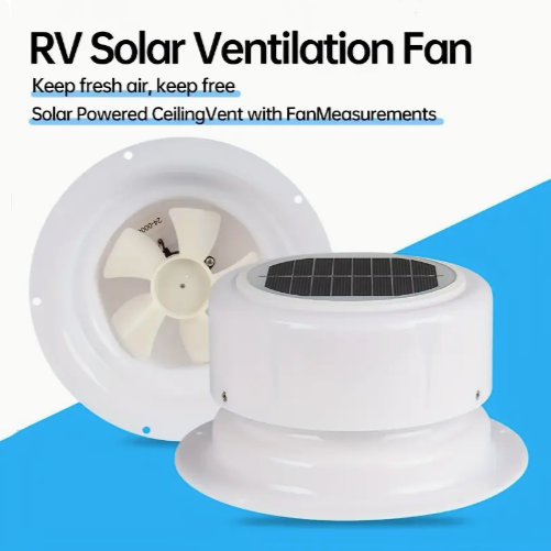 RV Solar Ventilation Fan on a blue background with text about solar power and fresh air.