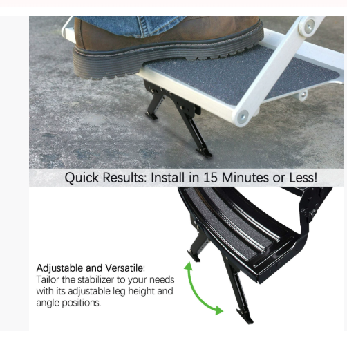 Adjustable stabilizer with text highlighting quick installation and adjustable features on a gray surface.