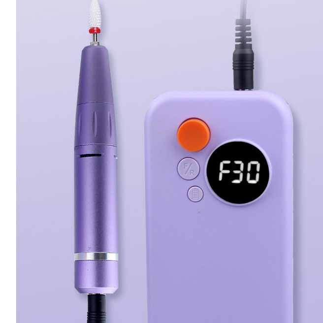 Purple nail tool with digital display on a light purple background