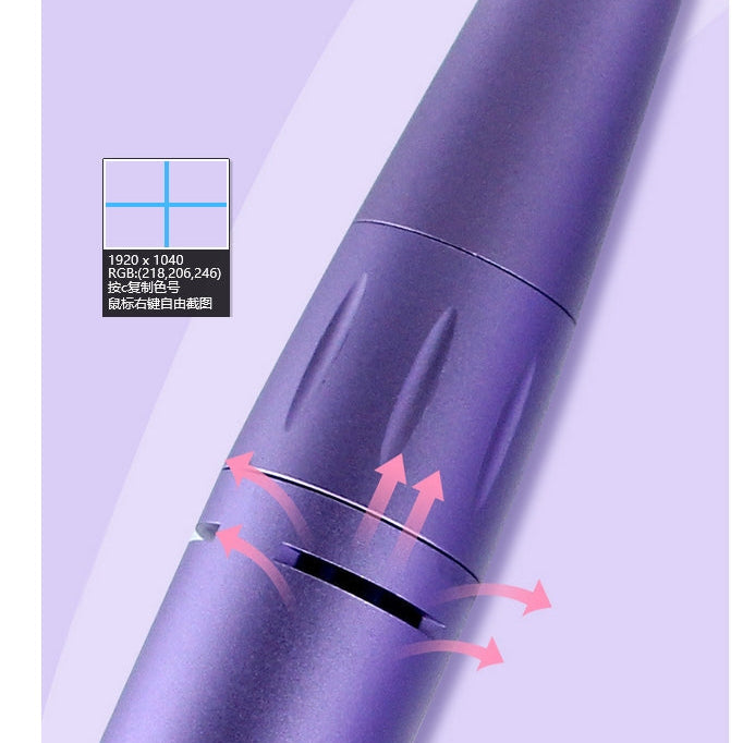 Close-up of a purple cylindrical object with text and graphics on a light purple background