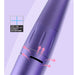 Close-up of a purple cylindrical object with text and graphics on a light purple background