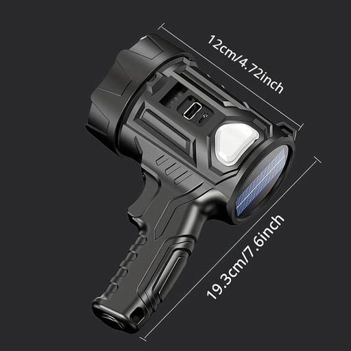 Black flashlight with measurements on a black background