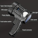 Black flashlight with labeled features on a dark background