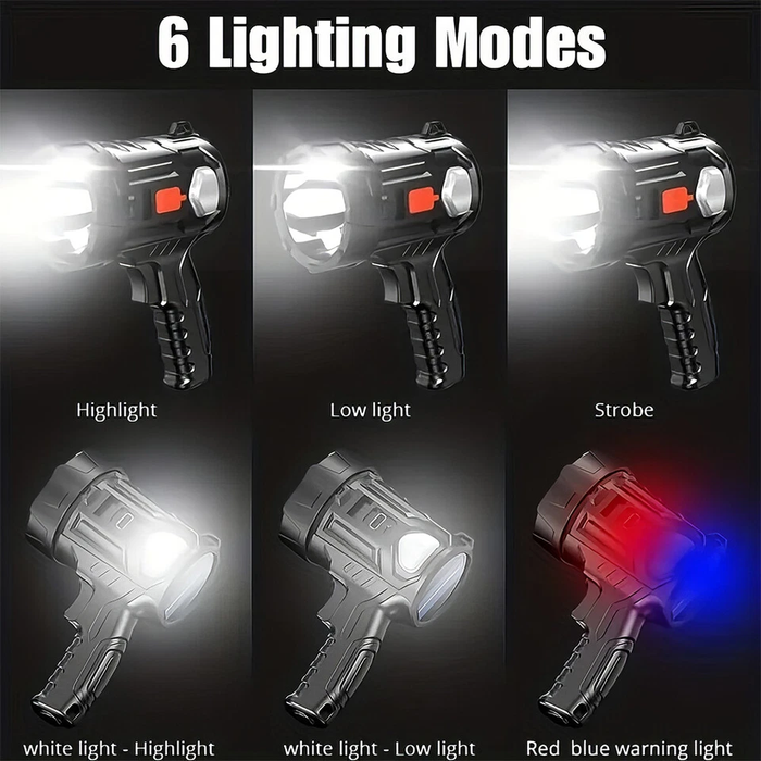 Demonstration of a flashlight with six different lighting modes on a black background.