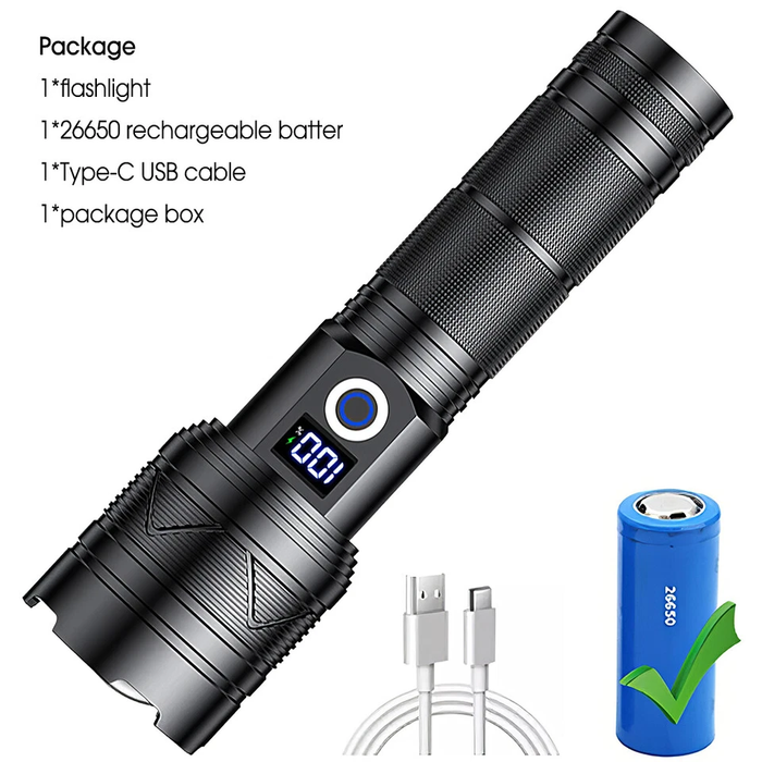 Black flashlight with digital display, 26650 rechargeable battery, Type-C USB cable, and packaging box on a white background.