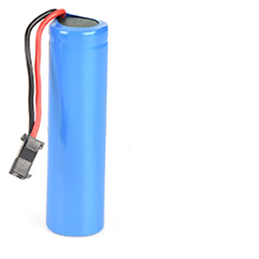 Blue cylindrical battery with red and black wires on a white background