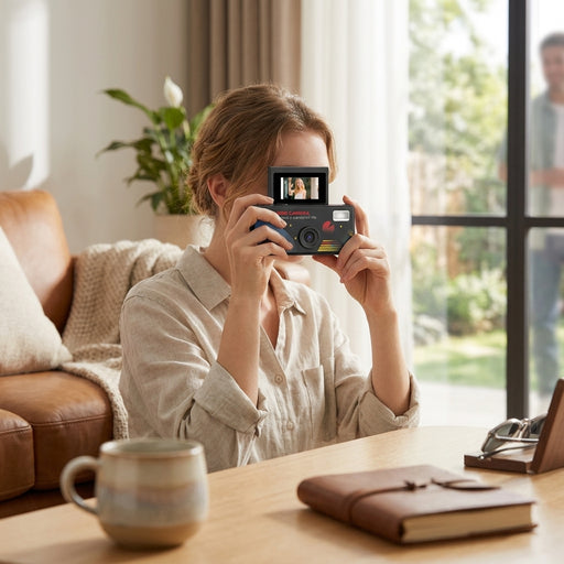 A young woman holds a retro-style digital camera to her face, sitting at a sunlit wooden table. 