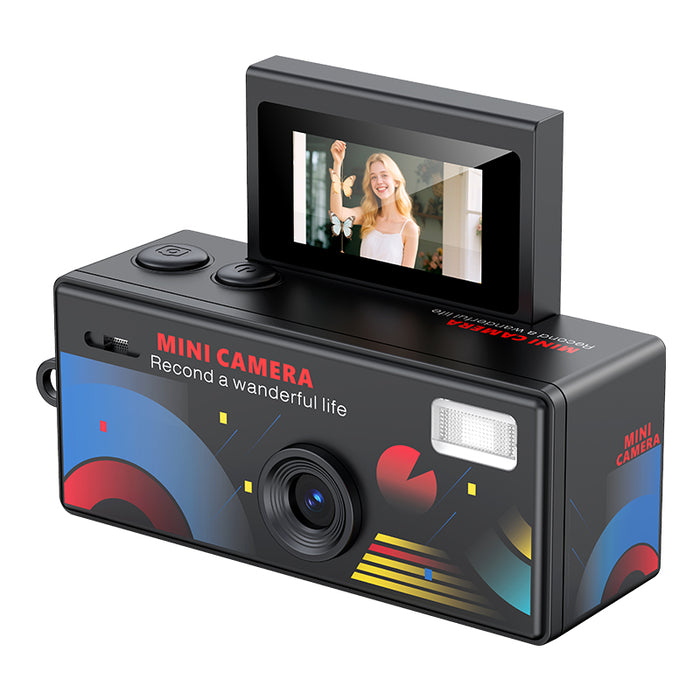 Mini camera with a screen displaying a person, on a white background