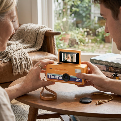A retro-style orange mini camera with a flip-out screen is held by a man and woman sitting at a wooden table in a cozy living room setting.