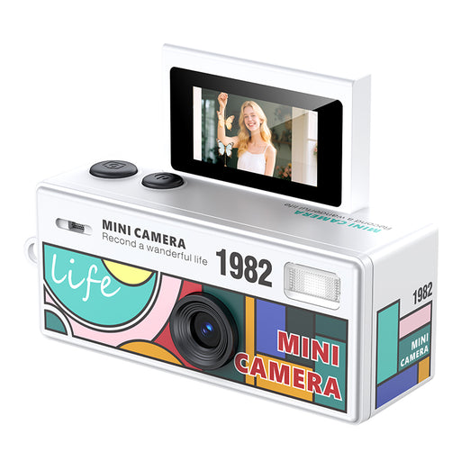 Colorful mini camera with a screen displaying a woman, on a white background