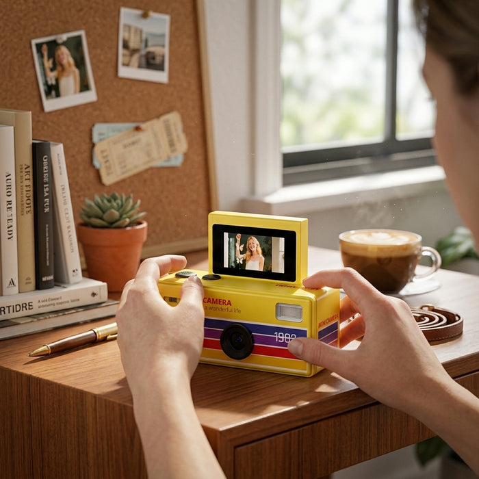Yellow mini camera with a screen displaying a woman, on a table background