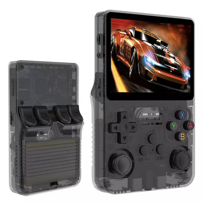 Handheld gaming console with transparent casing displaying a racing game on screen.